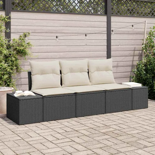 Conjunto de Sofá de Jardim   Preto e Creme Vime PE (3 pcs)
