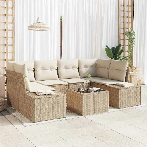 Conjunto de Sofá de Jardim   Bege e Creme Vime PE (8 pcs)