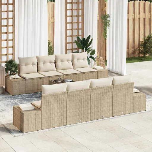Conjunto de Sofá de Jardim   Bege e Creme Vime PE (8 pcs)
