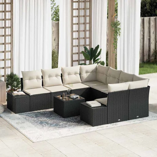 Conjunto de Sofá de Jardim   Preto e Creme Vime PE (9 pcs)