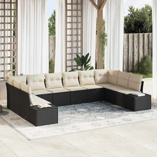Conjunto de Sofá de Jardim   Preto e Creme Polirattan (10 pcs)