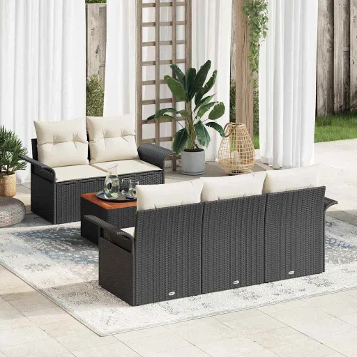 Conjunto de Sofá de Jardim   Preto e Creme Vime PE (6 pcs)