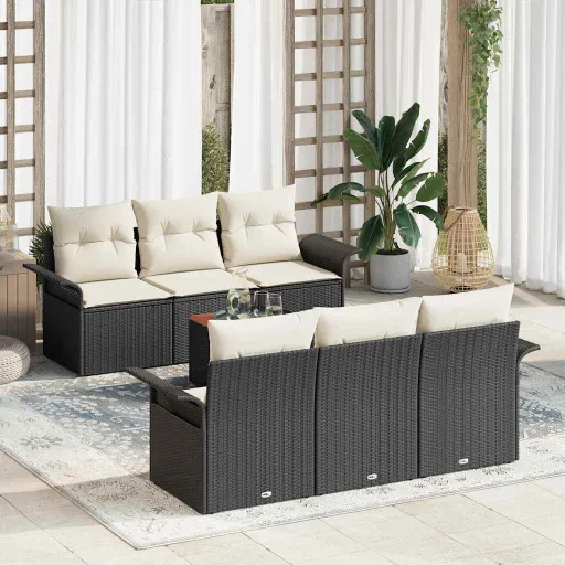 Conjunto de Sofá de Jardim   Preto e Creme Vime PE (7 pcs)