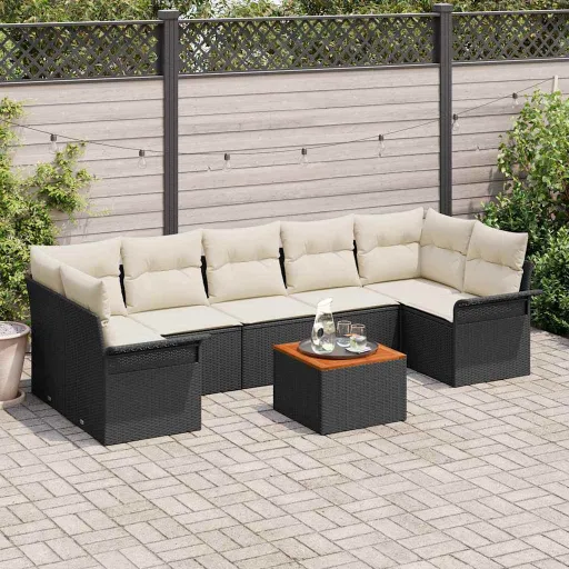 Conjunto de Sofá de Jardim   Preto e Creme Vime PE (8 pcs)