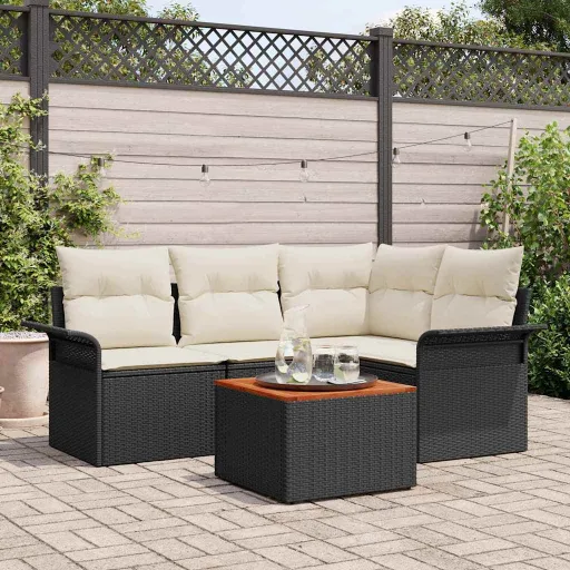 Conjunto de Sofá de Jardim   Preto e Creme Vime PE (5 pcs)