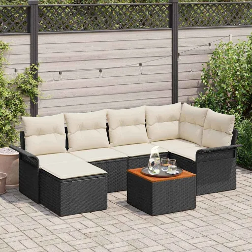 Conjunto de Sofá de Jardim   Preto e Creme Vime PE (7 pcs)