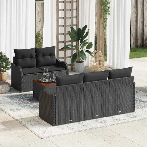 Conjunto de Sofá de Jardim   Preto Vime PE (6 pcs)