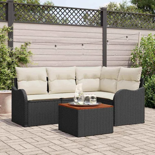 Conjunto de Sofá de Jardim   Preto e Creme Vime PE (5 pcs)