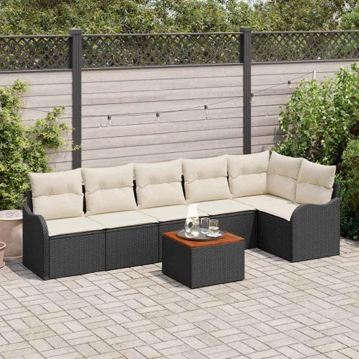 Conjunto de Sofá de Jardim   Preto e Creme Vime PE (7 pcs)