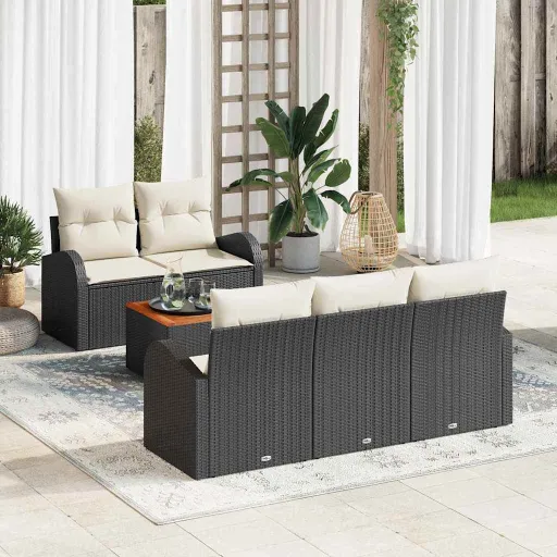 Conjunto de Sofá de Jardim   Preto e Creme Vime PE (6 pcs)