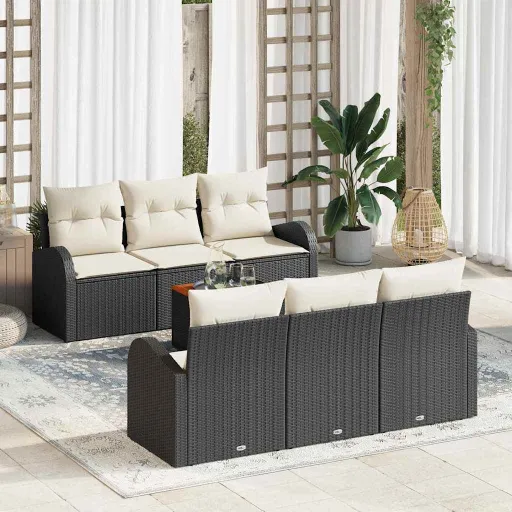 Conjunto de Sofá de Jardim   Preto e Creme Vime PE (7 pcs)