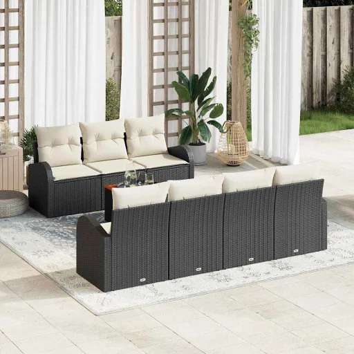 Conjunto de Sofá de Jardim   Preto e Creme Vime PE (8 pcs)