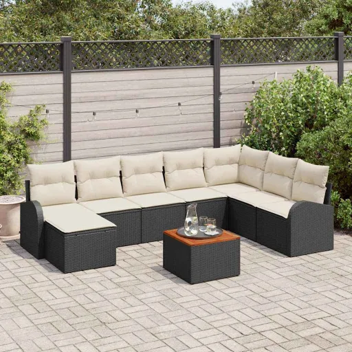 Conjunto de Sofá de Jardim   Preto e Creme Vime PE (9 pcs)