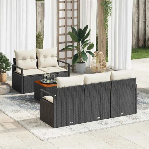 Conjunto de Sofá de Jardim   Preto e Creme Vime PE (6 pcs)