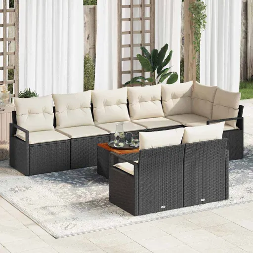 Conjunto de Sofá de Jardim   Preto e Creme Vime PE (9 pcs)