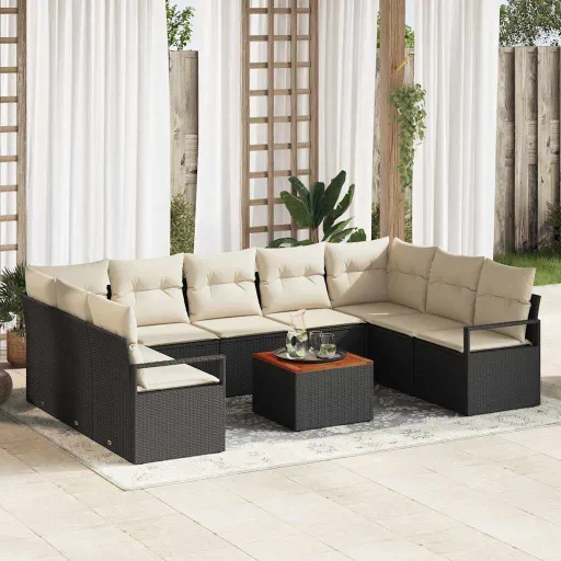Conjunto de Sofá de Jardim   Preto e Creme Vime PE (10 pcs)