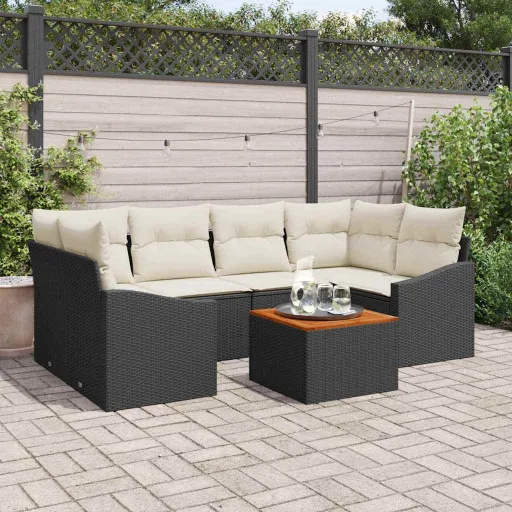 Conjunto de Sofá de Jardim   Preto e Creme Vime PE (7 pcs)
