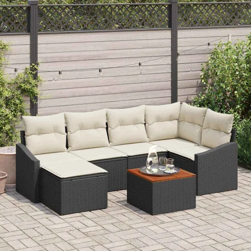 Conjunto de Sofá de Jardim   Preto e Creme Vime PE (7 pcs)