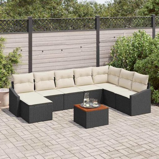 Conjunto de Sofá de Jardim   Preto e Creme Vime PE (9 pcs)