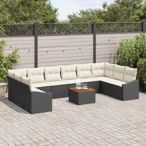 Conjunto de Sofá de Jardim   Preto e Creme Vime PE (11 pcs)