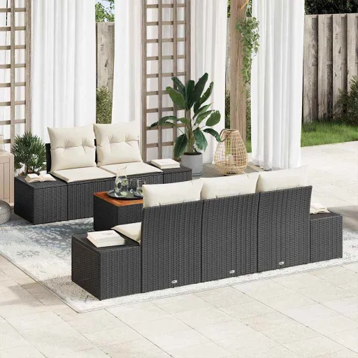 Conjunto de Sofá de Jardim   Preto e Creme Vime PE (6 pcs)