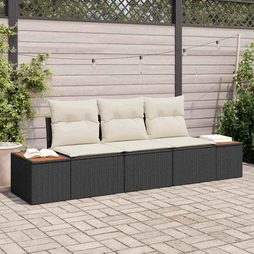 Conjunto de Sofá de Jardim   Preto e Creme Rattan Sintético (3 pcs)