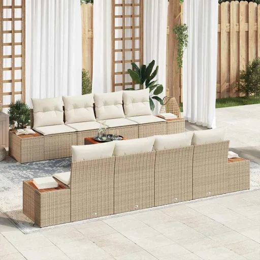 Conjunto de Sofá de Jardim   Bege Rattan Sintético (9 pcs)