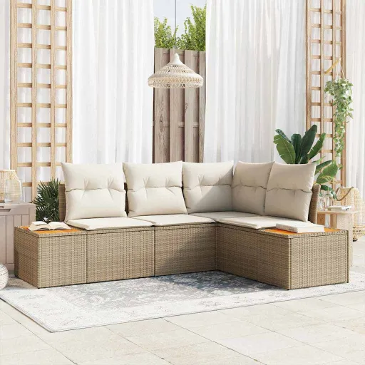 Conjunto de Sofá de Jardim   Bege e Creme Polirattan (4 pcs)