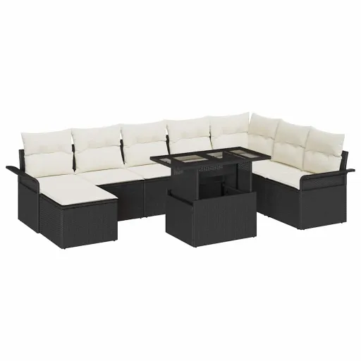 Conjunto de Sofá de Jardim com Almofada   Preto e Creme (9 pcs)