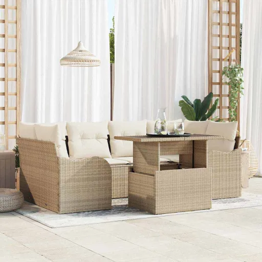 Conjunto de Sofá de Jardim   Bege Rattan de Polipropileno (7 pcs)