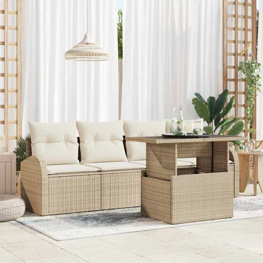 Conjunto de Sofá de Jardim   Bege Rattan de Polipropileno (5 pcs)