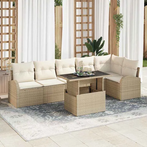 Conjunto de Sofá de Jardim Manual   Bege Rattan Sintético (7 pcs)