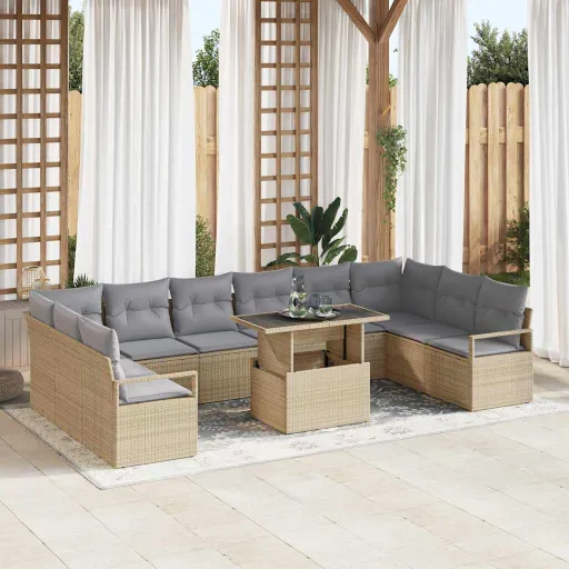 Conjunto de Sofá de Jardim com Almofada   Bege Vime PE (11 pcs)