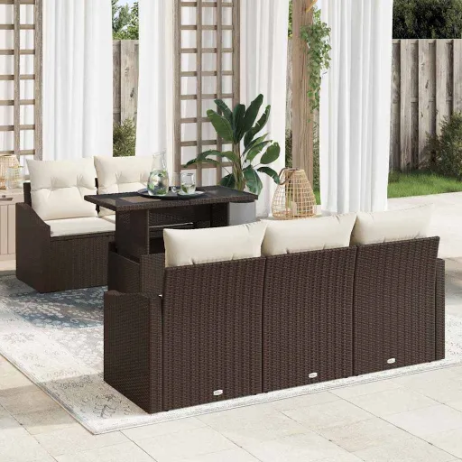Conjunto de Sofá de Jardim com Almofada   Castanho Vime PE (6 pcs)