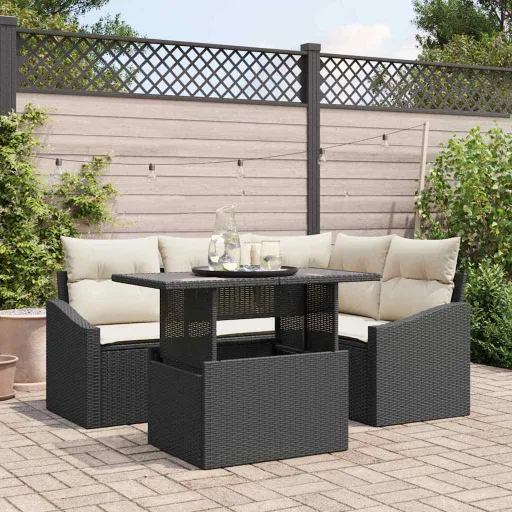 Conjunto de Sofá de Jardim com Almofada   Preto e Creme (5 pcs)