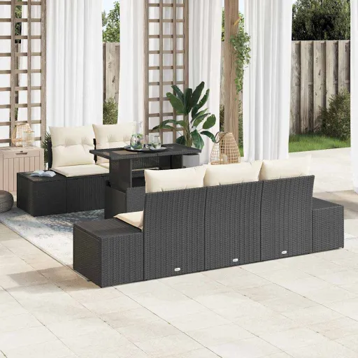 Conjunto de Sofá de Jardim com Almofada   Preto e Creme (6 pcs)
