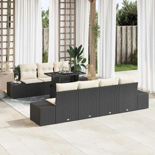 Conjunto de Sofá de Jardim com Almofada   Preto e Creme (8 pcs)