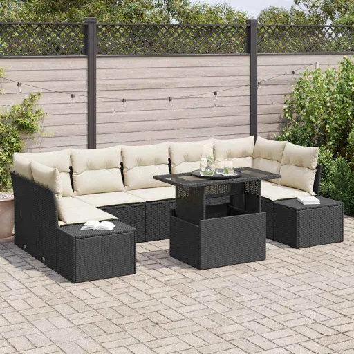 Conjunto de Sofá de Jardim com Almofada   Preto e Creme (8 pcs)