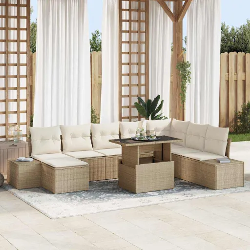 Conjunto de Sofá de Jardim   Bege Rattan Sintético (9 pcs)