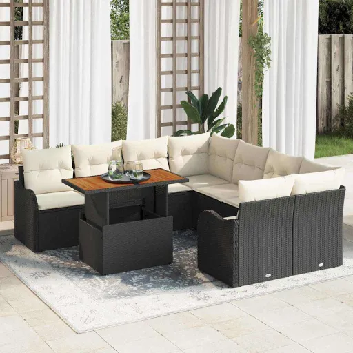 Conjunto de Sofá de Jardim   Preto Rattan Sintético (9 pcs)