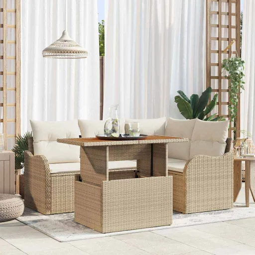 Conjunto de Sofá de Jardim   Bege Rattan Sintético (5 pcs)