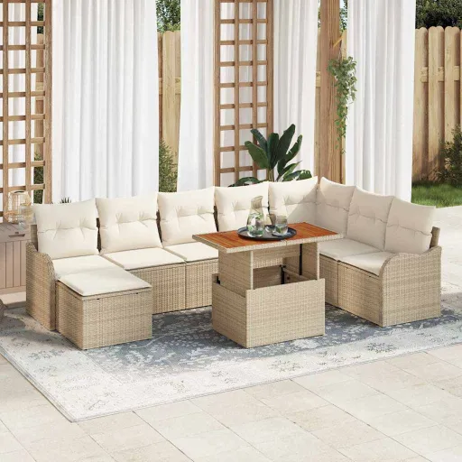 Conjunto de Sofá de Jardim   Bege Rattan Sintético (9 pcs)