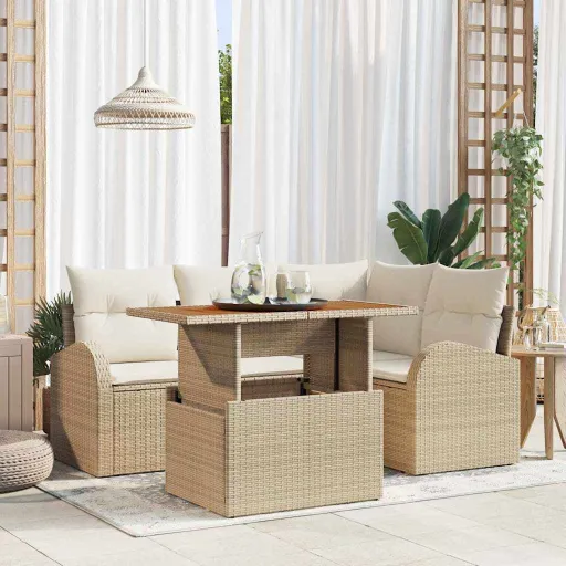 Conjunto de Sofá de Jardim   Bege Rattan Sintético (5 pcs)