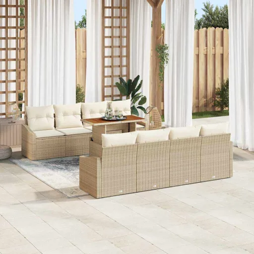 Conjunto de Sofá de Jardim   Bege Rattan Sintético (9 pcs)