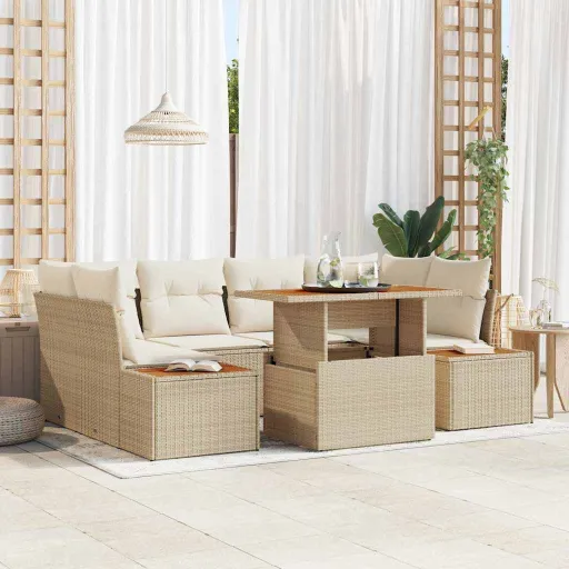 Conjunto de Sofá de Jardim   Bege Rattan Sintético (7 pcs)