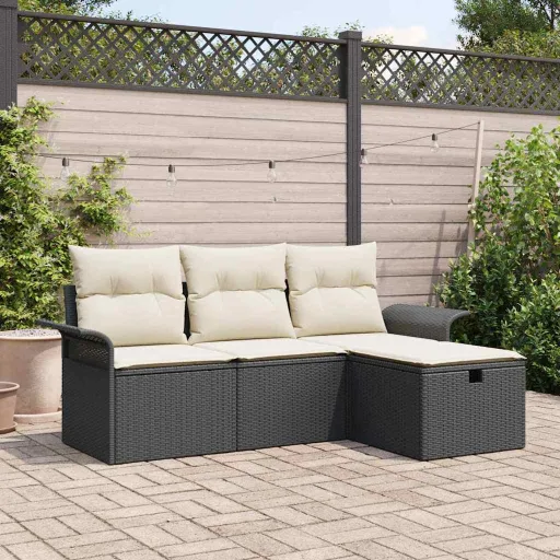 Conjunto de Sofá de Jardim   Preto e Creme Rattan Sintético (4 pcs)