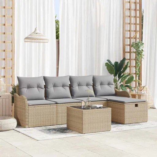 Conjunto de Sofá de Jardim   Bege e Cinza Claro Vime PE (6 pcs)
