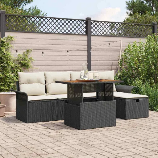 Conjunto de Sofá de Jardim com Almofada   Preto Vime PE (6 pcs)