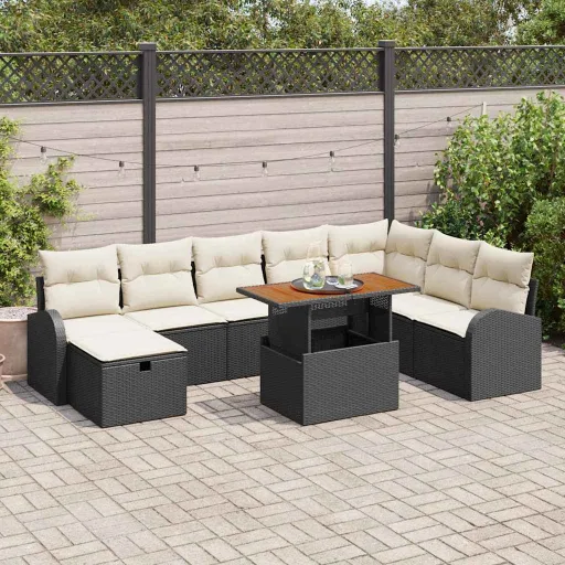Conjunto de Sofá de Jardim com Almofada   Preto Vime PE (9 pcs)