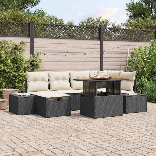Conjunto de Sofá de Jardim   Preto Vime PE (7 pcs)